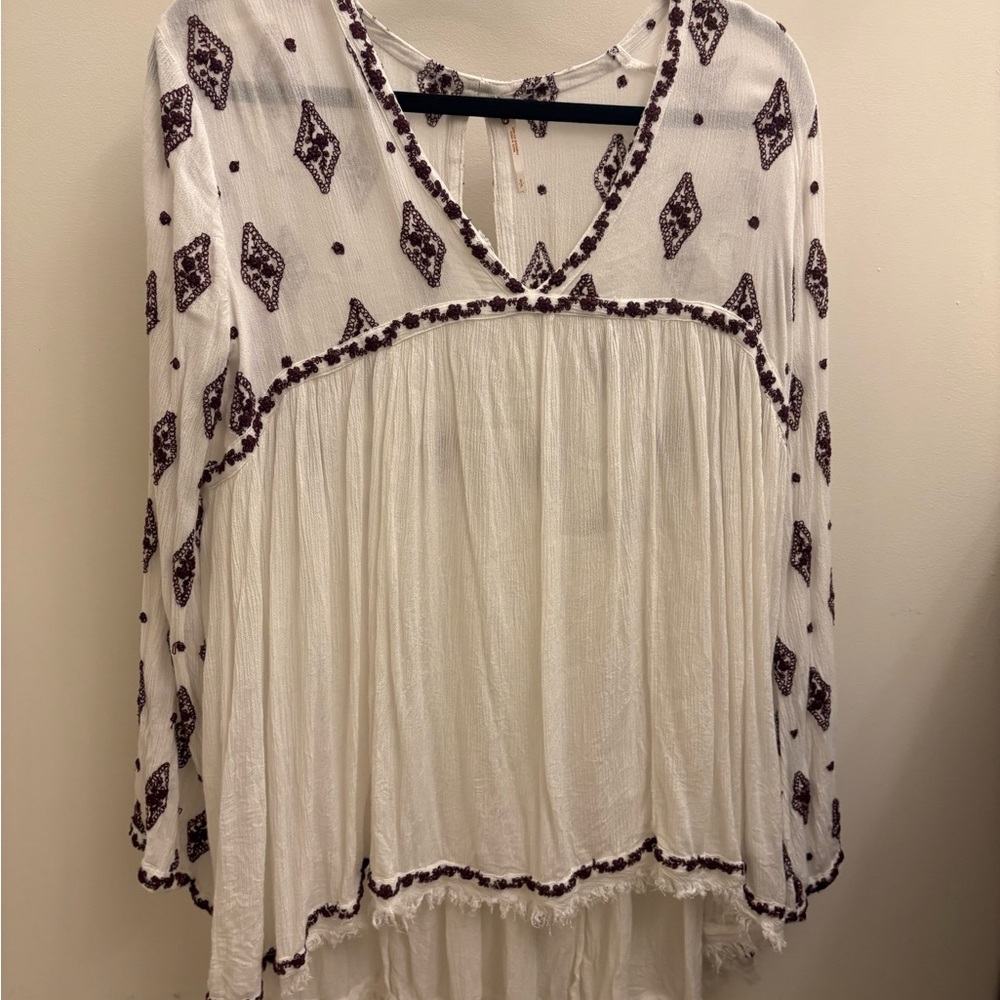 Free People Ivory and Burgundy Patterned Blouse